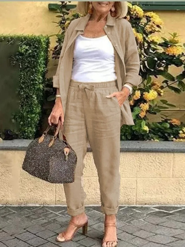 Hira Women’s Linen Set – Long Sleeve Button Shirt & Drawstring Pants