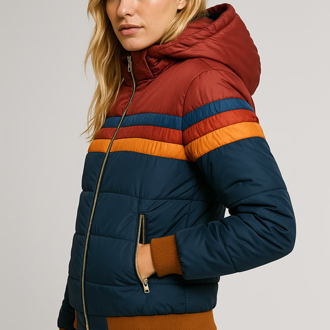 Lana Knit Zip-Up Jacket – Women’s Hooded Jacket with Retro Rainbow Stripe