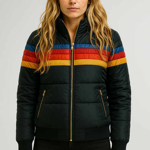 Lana Knit Zip-Up Jacket – Women’s Hooded Jacket with Retro Rainbow Stripe