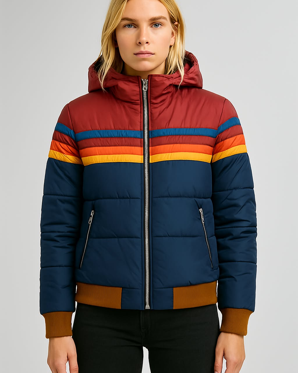 Lana Knit Zip-Up Jacket – Women’s Hooded Jacket with Retro Rainbow Stripe