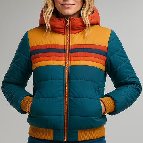Lana Knit Zip-Up Jacket – Women’s Hooded Jacket with Retro Rainbow Stripe
