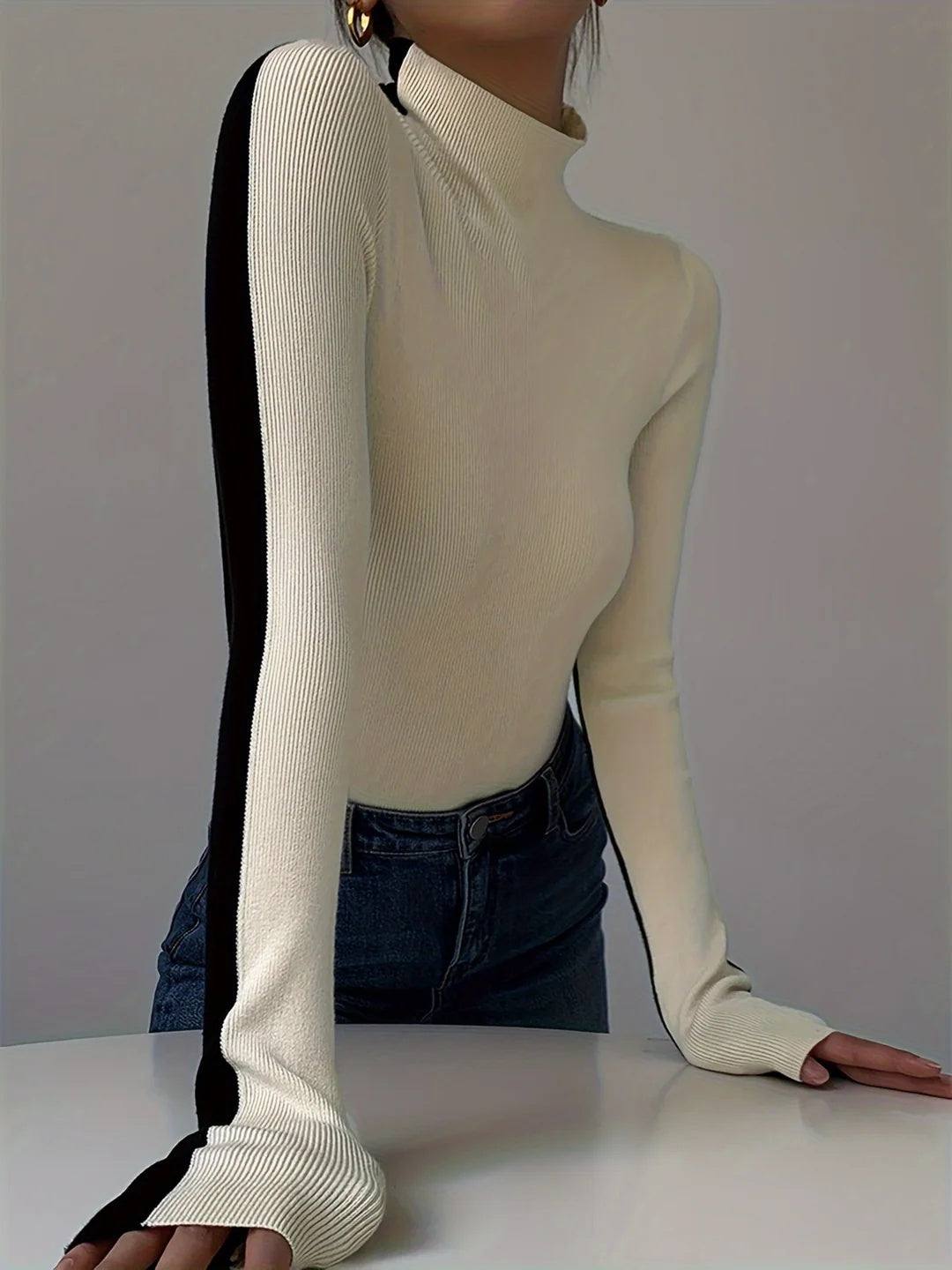 Beatrice Women’s Turtleneck Sweater – Contrast Slim Fit Pullover