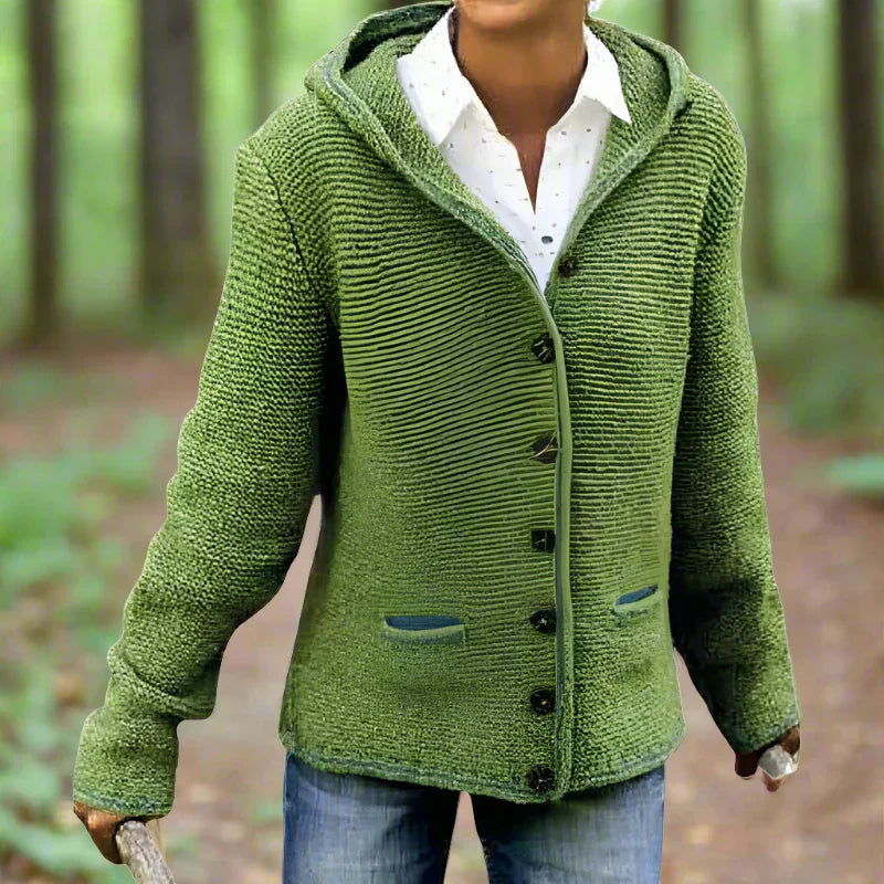 Mira Women’s Hooded Cardigan – Wool Knit with Button Front Closure