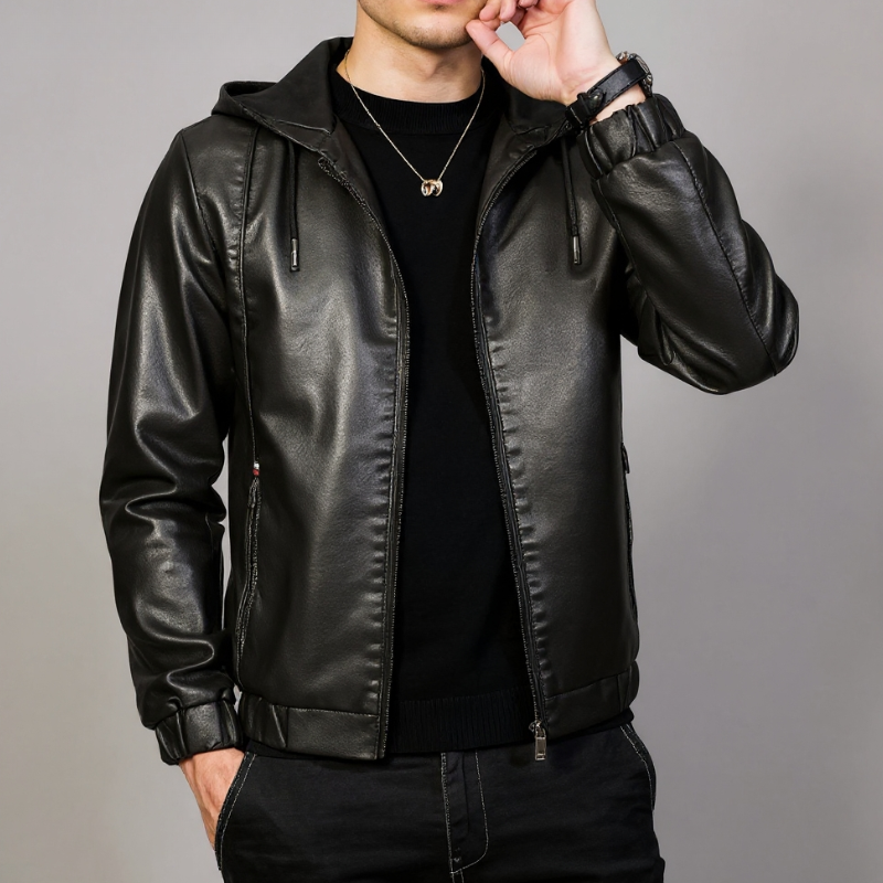 Rodrigo Men’s Leather Jacket – Hooded Zip-Up Casual Jacket