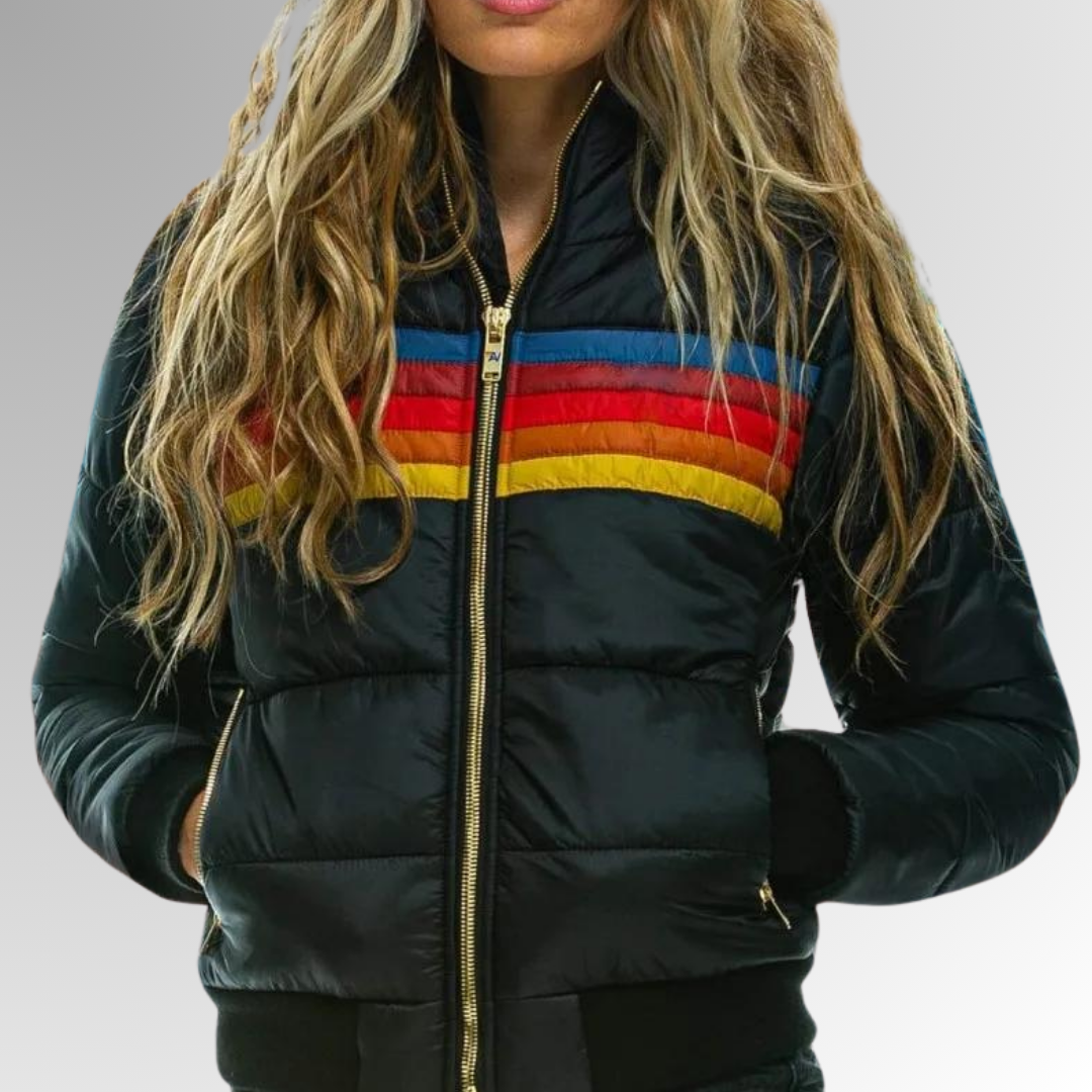 Lana Knit Zip-Up Jacket – Women’s Hooded Jacket with Retro Rainbow Stripe