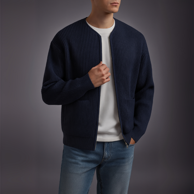Brion Men’s Knit Zip Cardigan – Textured Knit Cardigan with Front Pockets