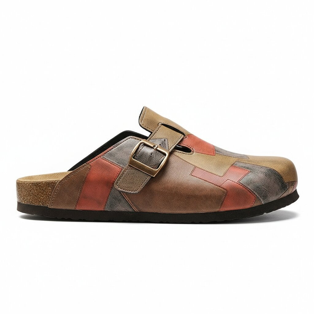 Gareth Genuine Leather Patchwork Buckled Clogs – Casual Slip-On Sandal