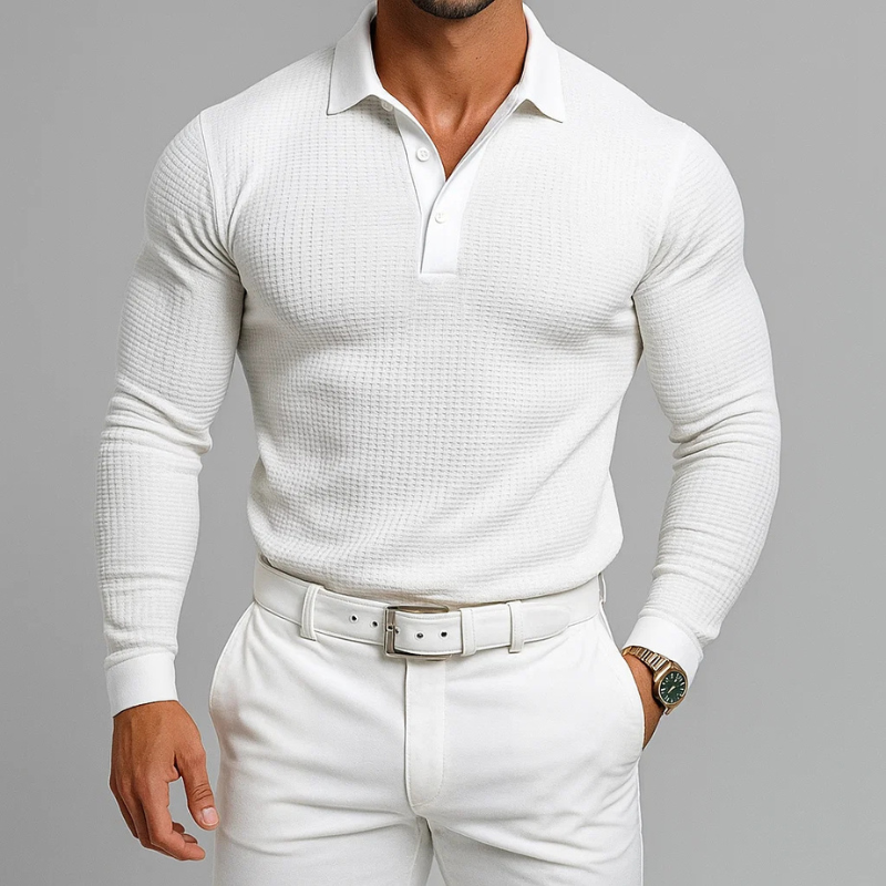 Emanuele Men’s Long-Sleeve Polo – Soft Waffle Knit Shirt