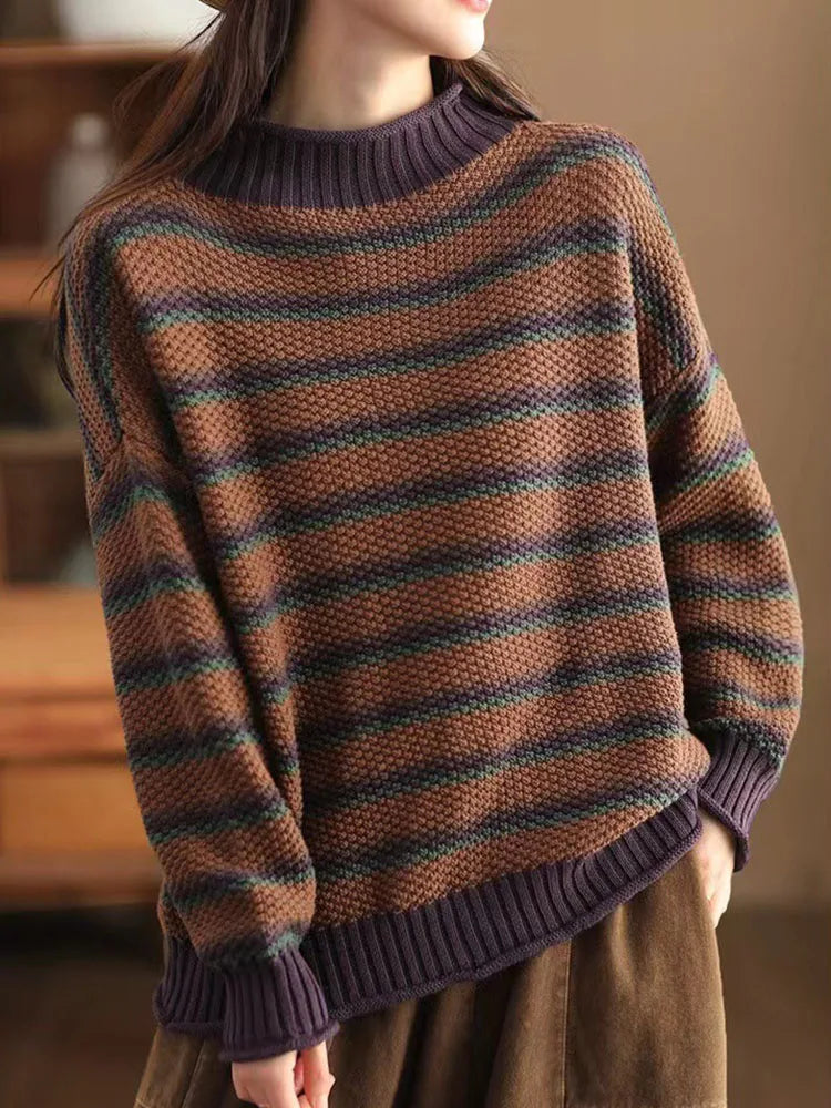 Erica Women's Cotton Sweater – -Waffle-Knit Oversized Stripe Pullover