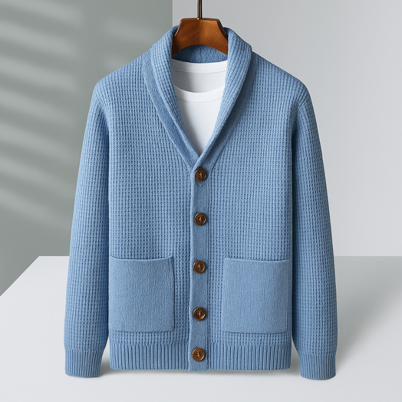 Alessio Men’s Cashmere Cardigan – Waffle Knit Button-Up Sweater