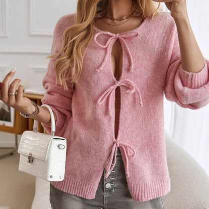 Amira Women’s Knit Sweater – Cotton Blend with Lace-Up Detail & Relaxed Fit