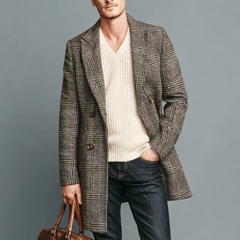 Alexander Men’s Wool Coat – Checkered Double-Breasted Mid-Length Coat