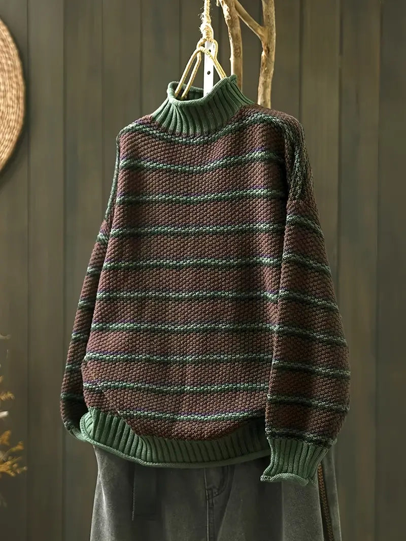 Erica Women's Cotton Sweater – -Waffle-Knit Oversized Stripe Pullover