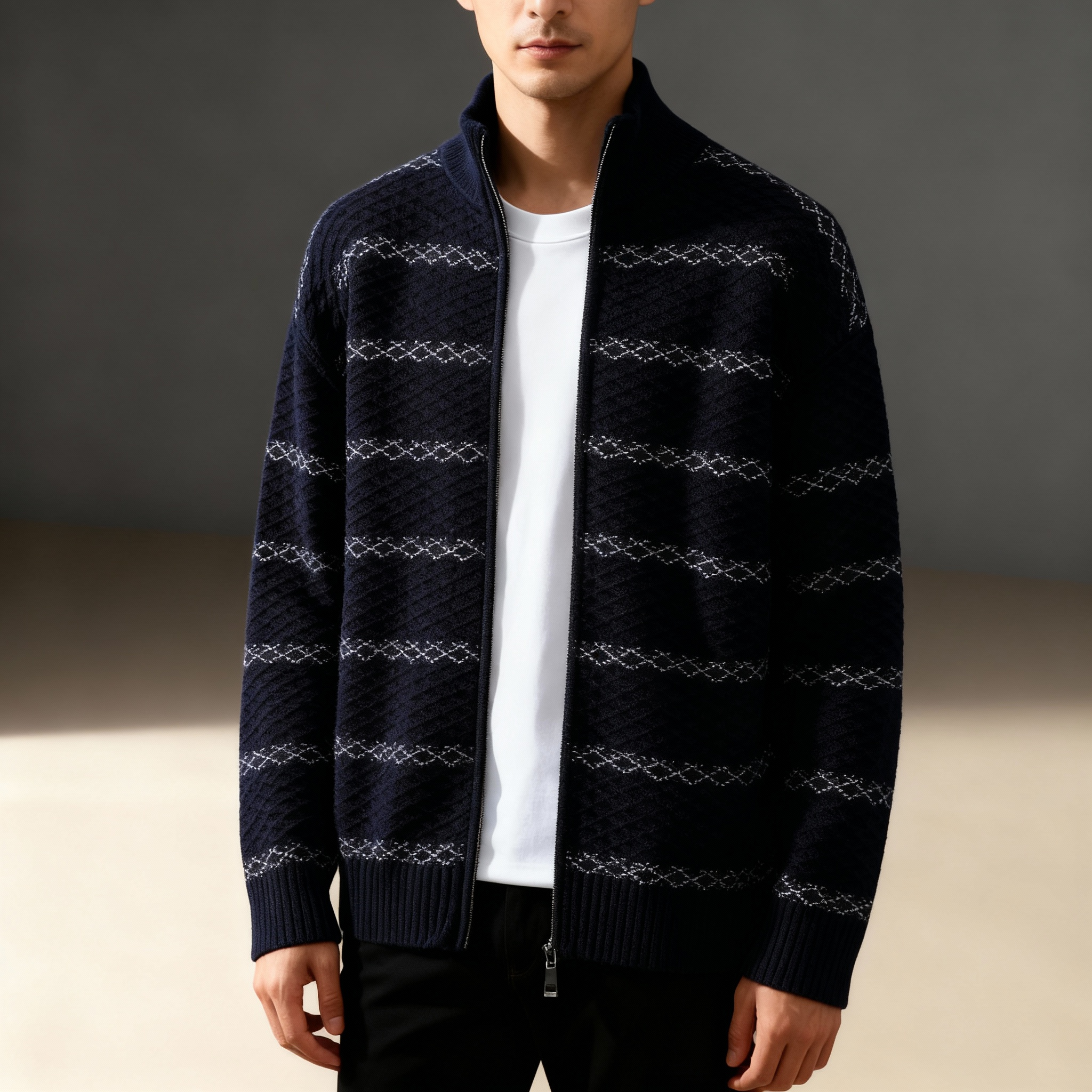 Emmett Men’s Zip-Up Knit Cardigan – Textured Knit Sweater