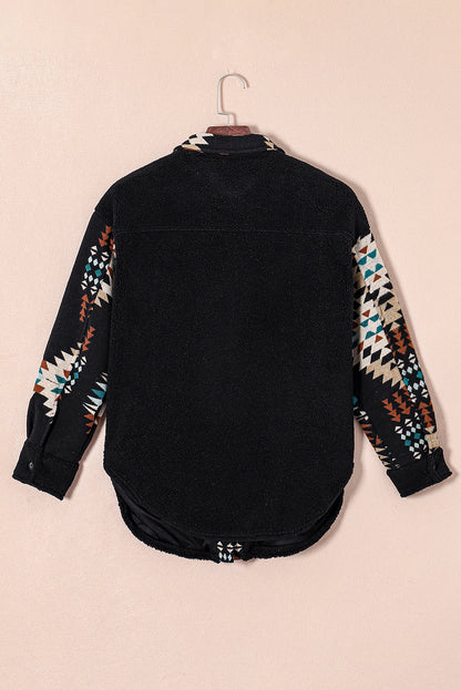 Black Fleece Shacket with Aztec Print - Trendy and Comfortable