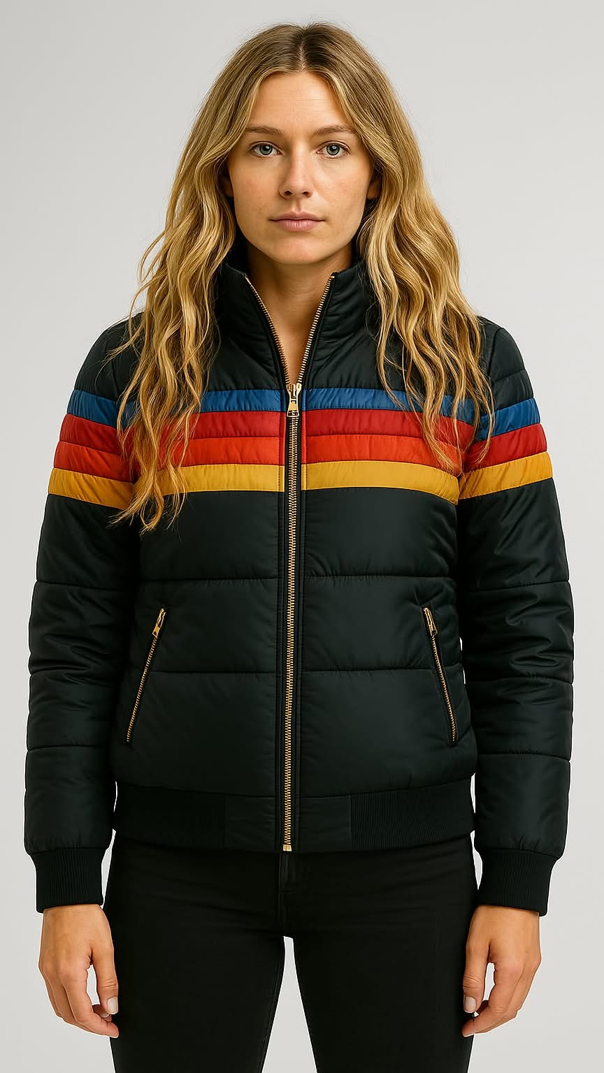 Lana Knit Zip-Up Jacket – Women’s Hooded Jacket with Retro Rainbow Stripe