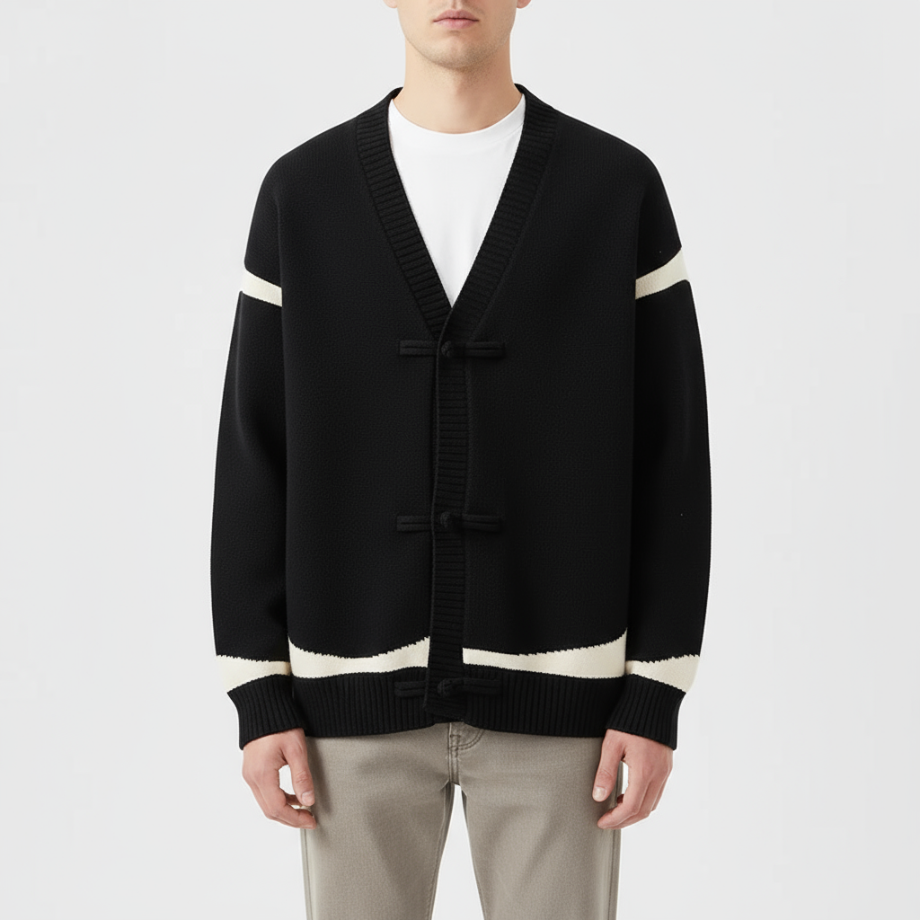 Armano Men’s Wool Cardigan – Contrast Stripe Knit with Toggle Closures