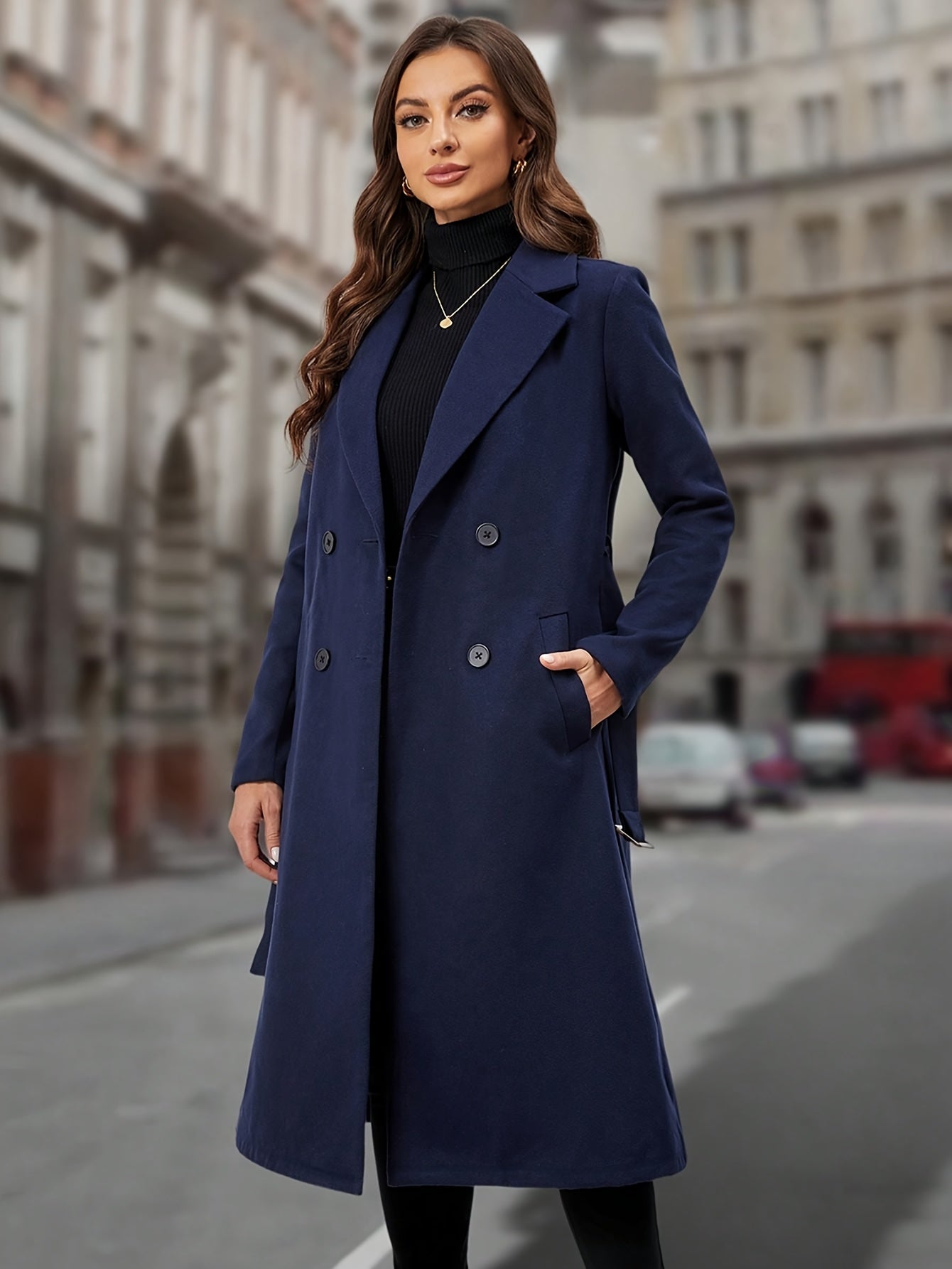 Romina Women’s Long Coat – Double-Breasted with Belted Waist Winter Coat