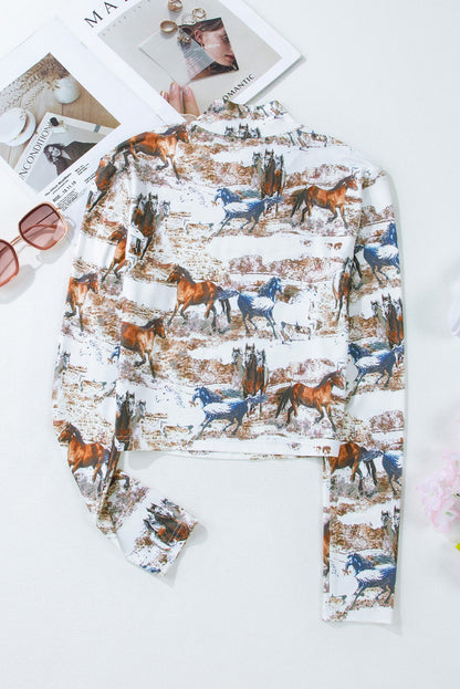 Stylish Brown High Neck Top with Western Horse Print