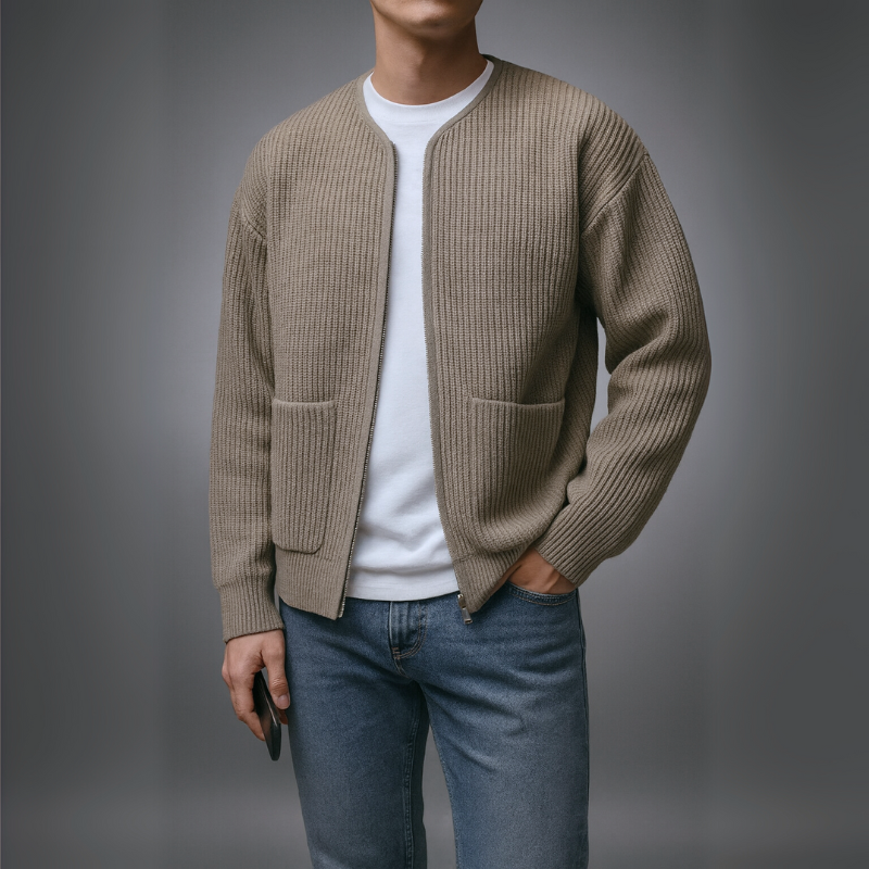 Brion Men’s Knit Zip Cardigan – Textured Knit Cardigan with Front Pockets