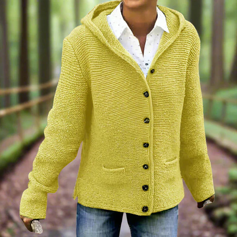 Mira Women’s Hooded Cardigan – Wool Knit with Button Front Closure