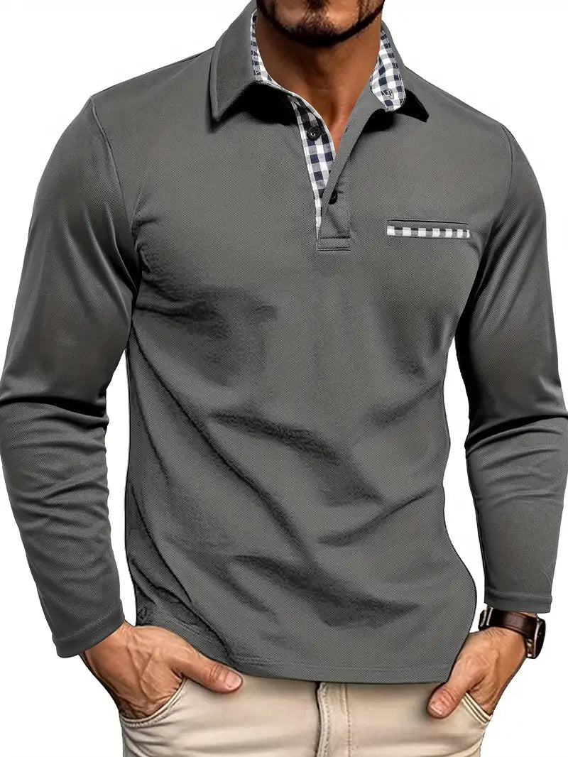 Ricardo Men’s Long Sleeve Polo – Slim Fit with Checked Accents
