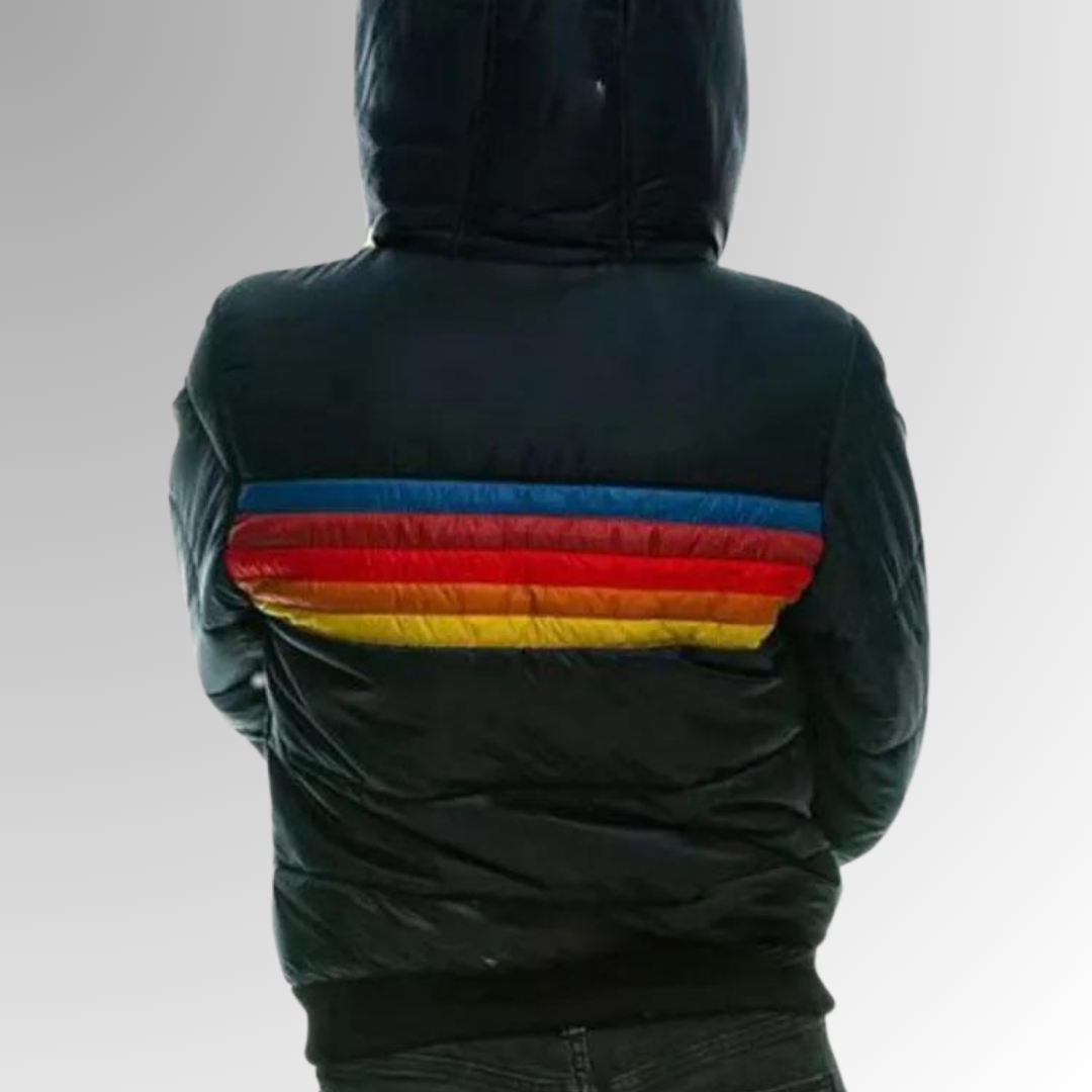 Lana Knit Zip-Up Jacket – Women’s Hooded Jacket with Retro Rainbow Stripe