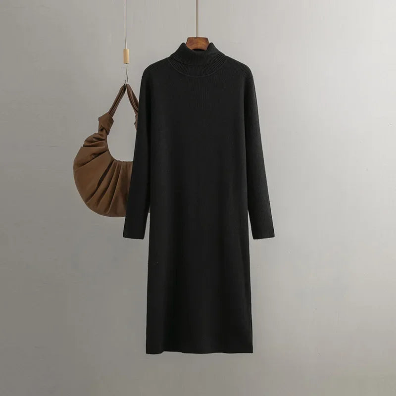Elena Women's Turtleneck Sweater Dress – Premium Cotton-Blend Maxi Dress
