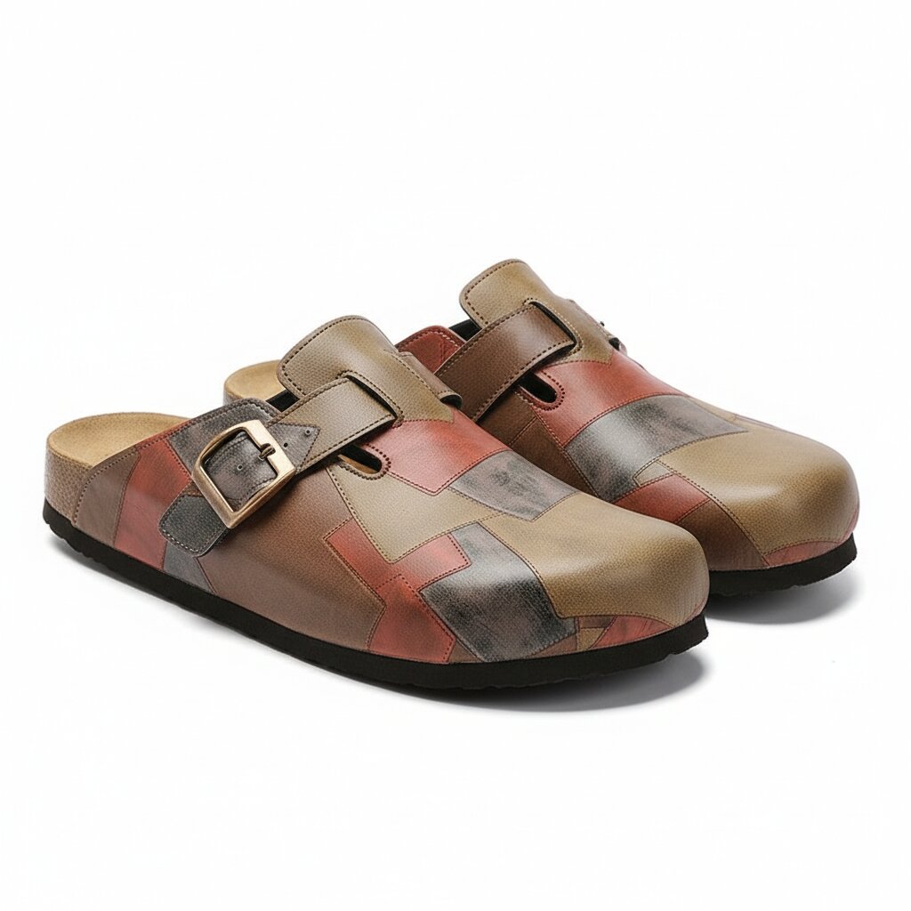 Gareth Genuine Leather Patchwork Buckled Clogs – Casual Slip-On Sandal