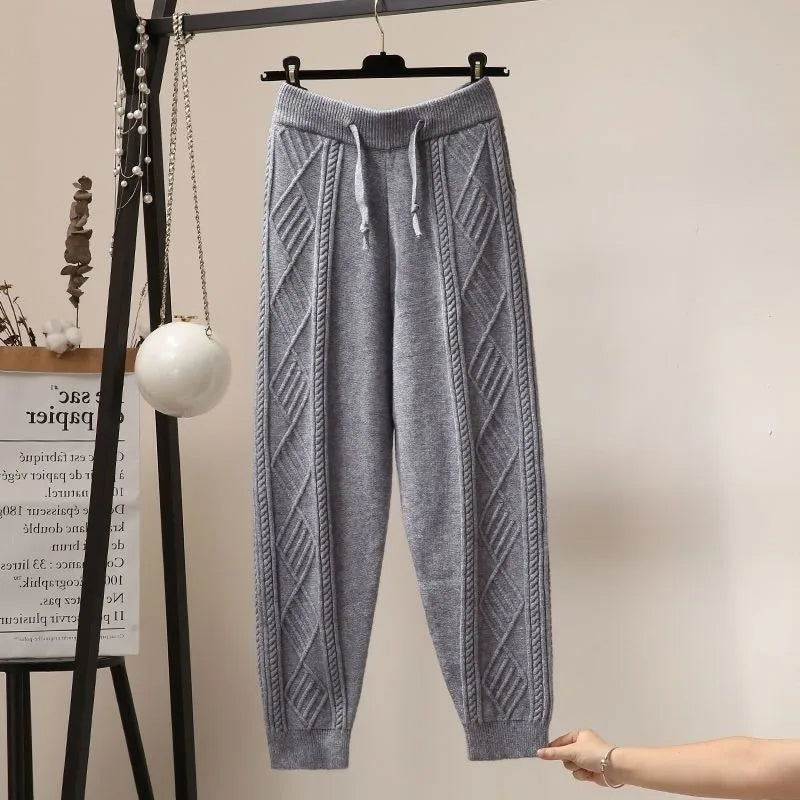 Liora Women’s Knit Joggers – Diamond Cable Knit Pants with Adjustable Waist