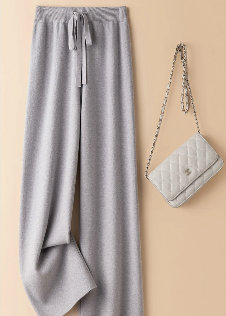 Lizelle Women’s Wide Leg Knit Pants – Heavyweight Trousers with Adjustable Waistband