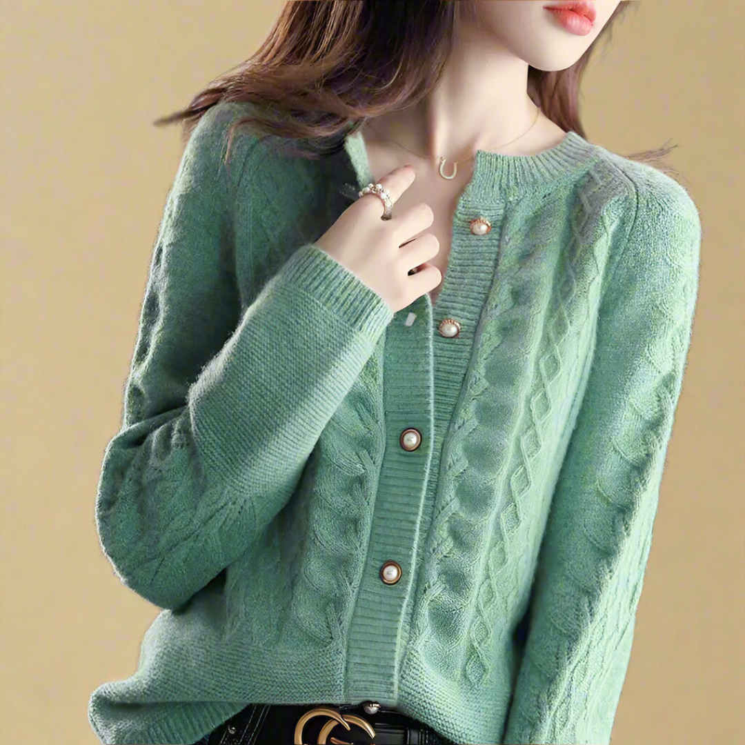 Danica Women’s Wool Cardigan – Cable Knit with Pearl Button Closure