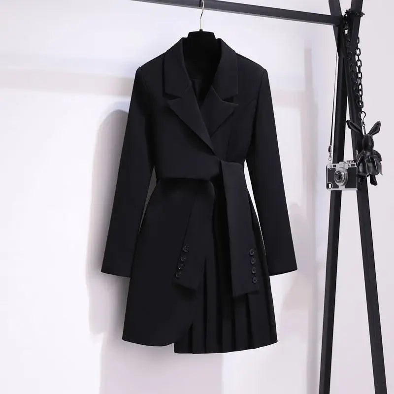 Mirae Women’s Long Coat – Tailored Belted Dress Pleated Skirt