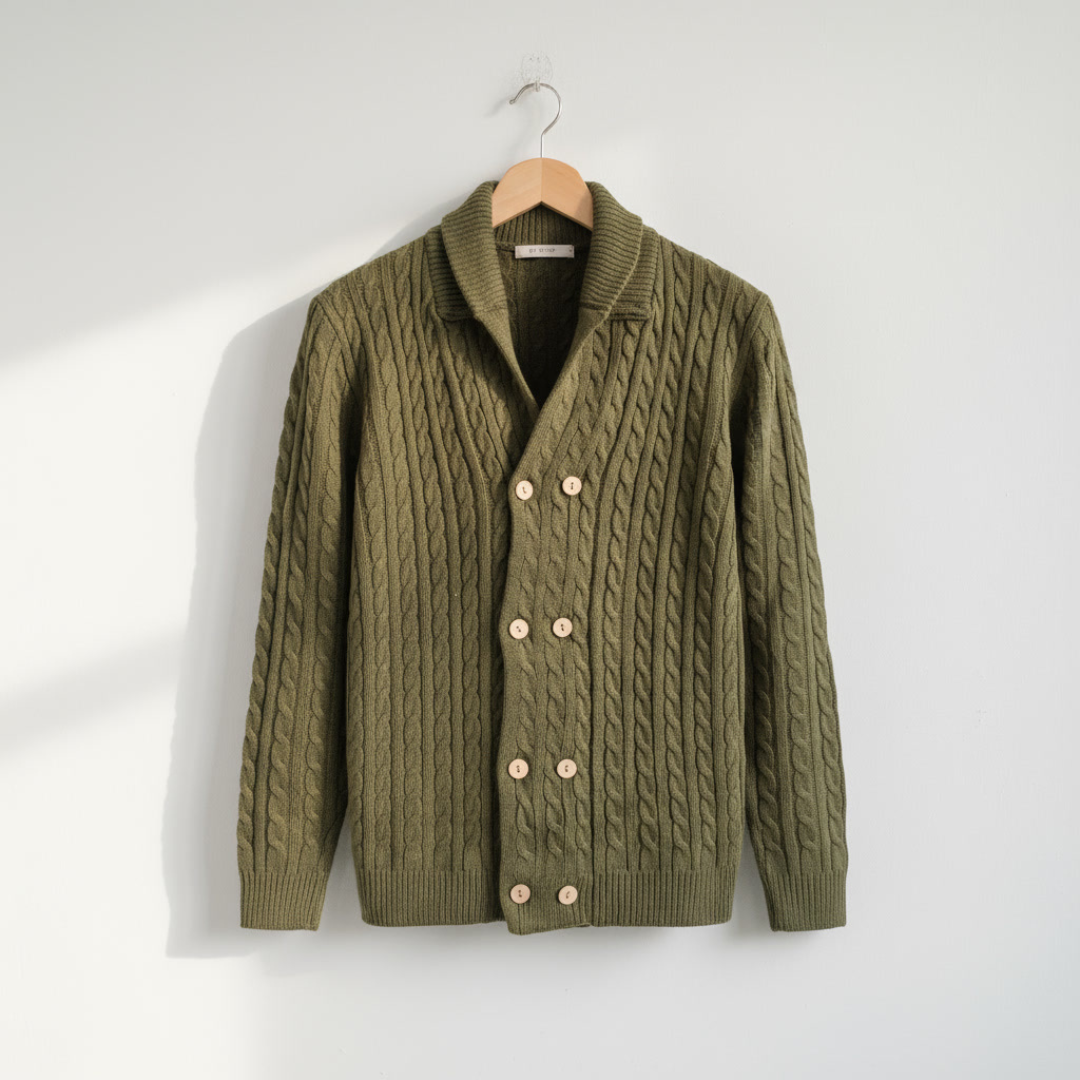 Romano Men’s Cardigan –  Double-Breasted Cable Knit Shawl Collar Sweater