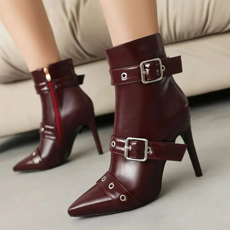 Anne Women's Stiletto Buckle Boots – High-Shine Vegan Leather & Adjustable Straps
