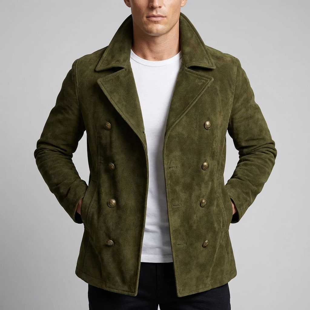 Roderick Men’s Pea Coat – Tailored Suede Jacket