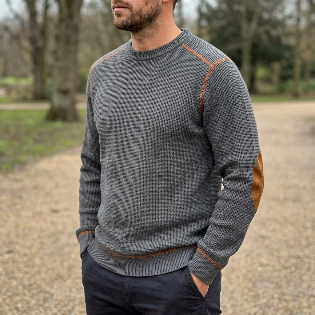 Hilario Men’s Jumper - Reinforced Elbows Waffle Knit Sweater