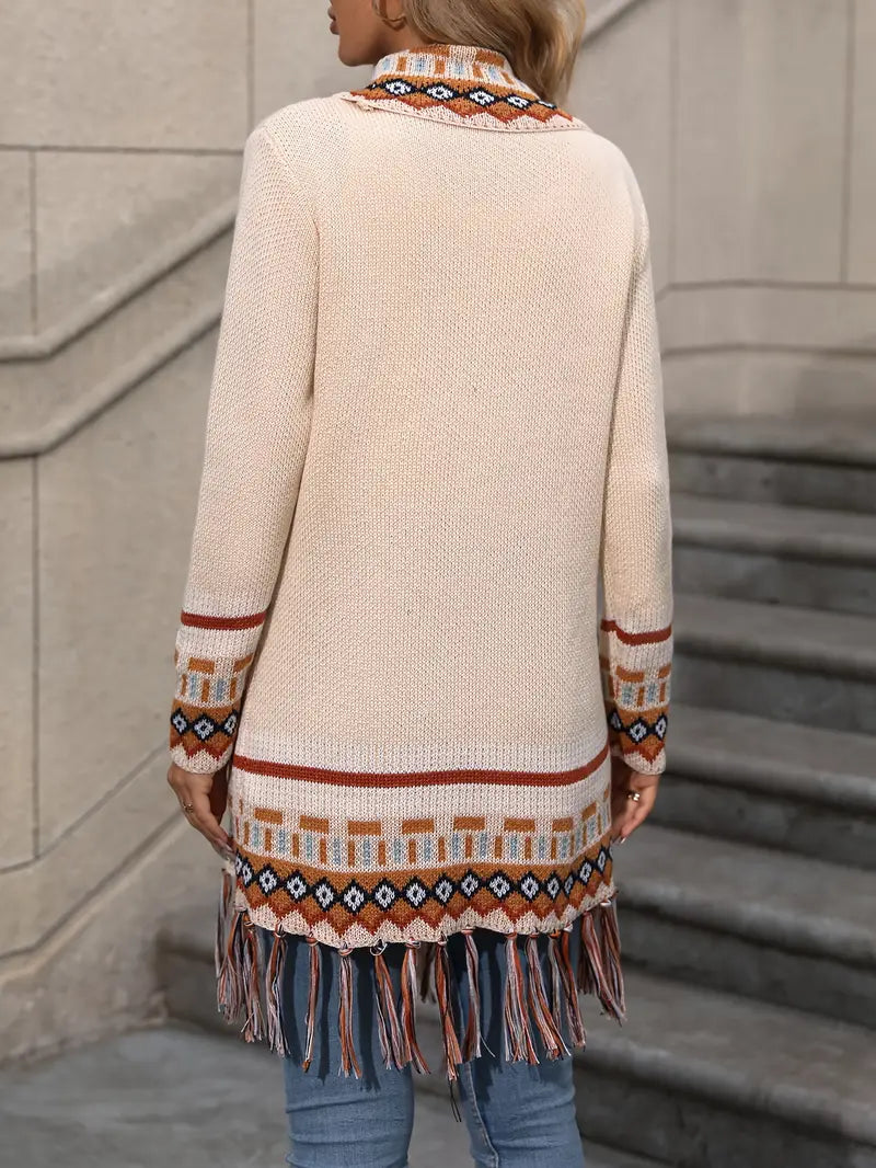 Maribel Women’s Knit Cardigan – Longline Fringe Boho Sweater