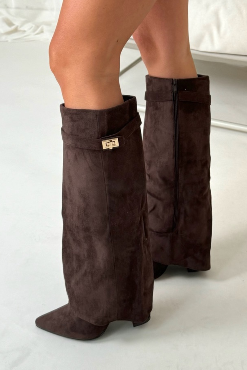 Giulia Women’s Knee High Boots – Flap Overlay Design with Pointed Toe & Block Heel