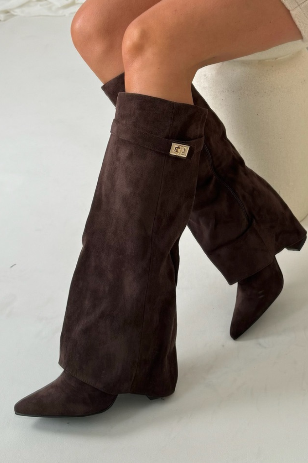 Giulia Women’s Knee High Boots – Flap Overlay Design with Pointed Toe & Block Heel