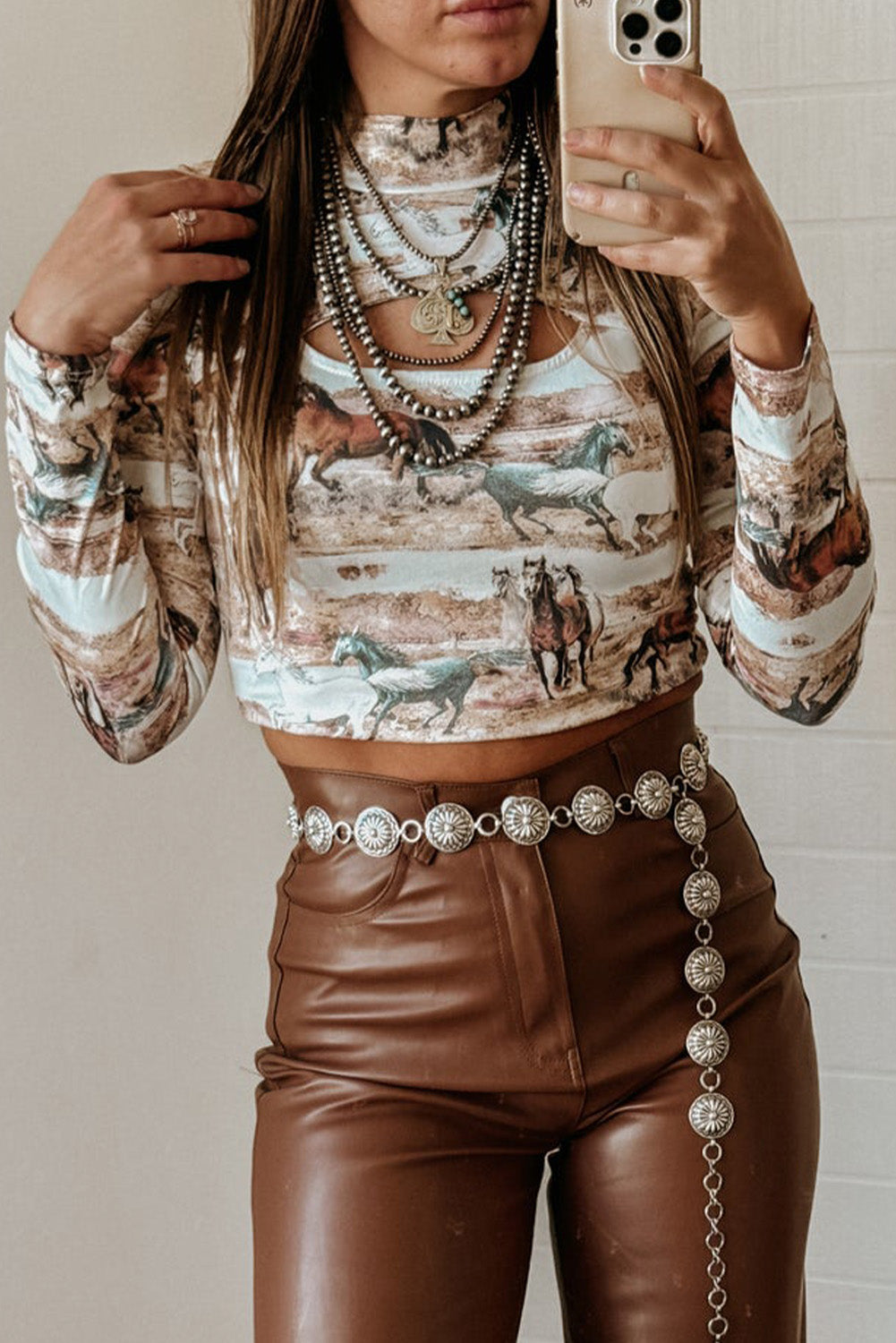 Stylish Brown High Neck Top with Western Horse Print
