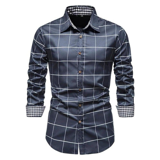 Drillon Men’s Plaid Shirt – Breathable Smart-Casual Long Sleeve with Contrast Cuffs