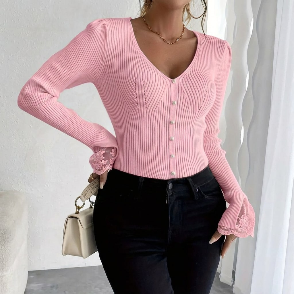 Vicky Women’s Sweater – V-Neck Lace Sleeve Detail Pullover