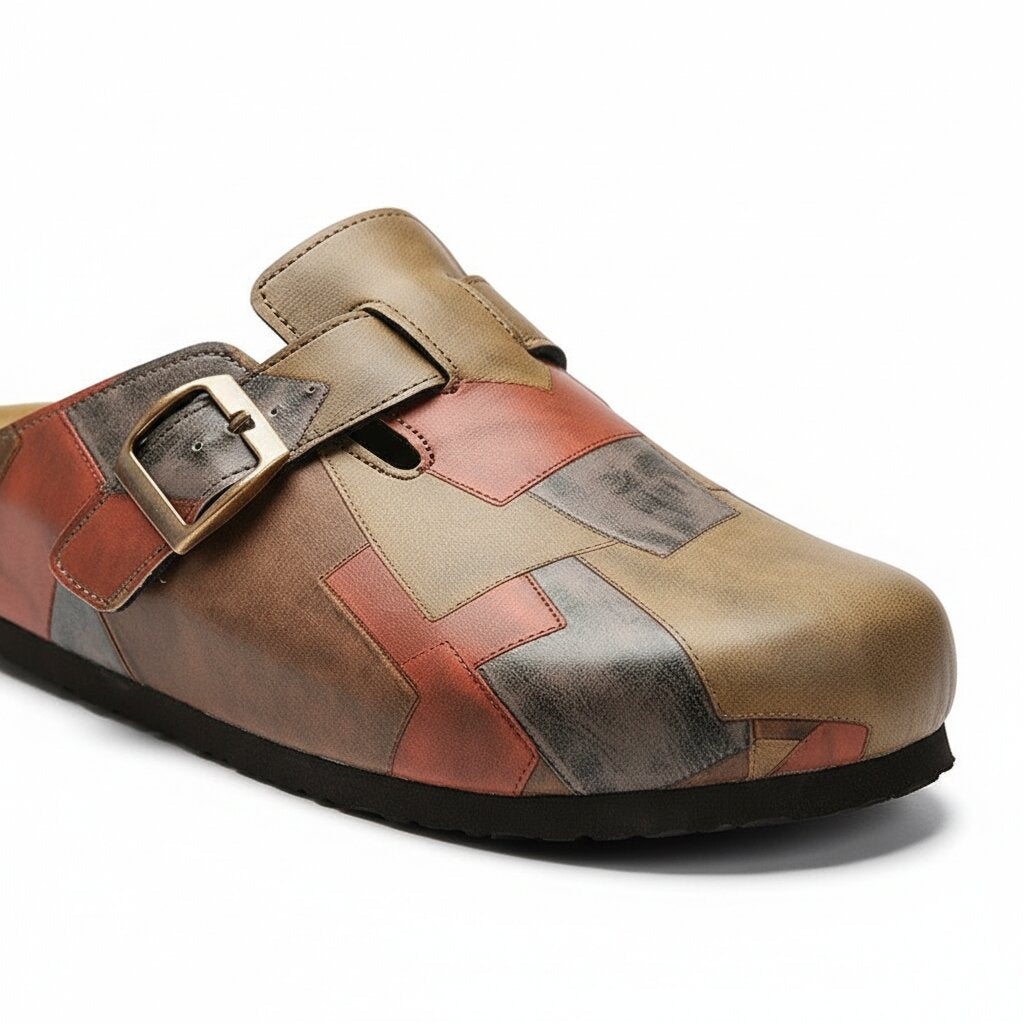 Gareth Genuine Leather Patchwork Buckled Clogs – Casual Slip-On Sandal
