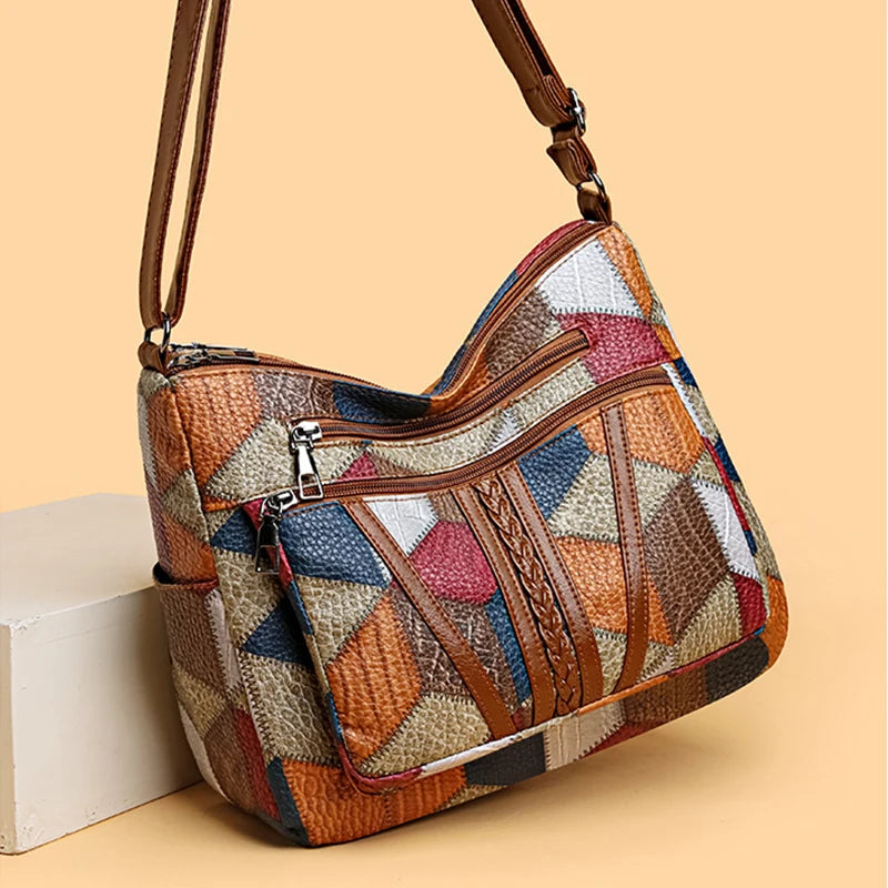 Sahara Women's Crossbody Bag – Geometric Patchwork Vegan Leather Satchel
