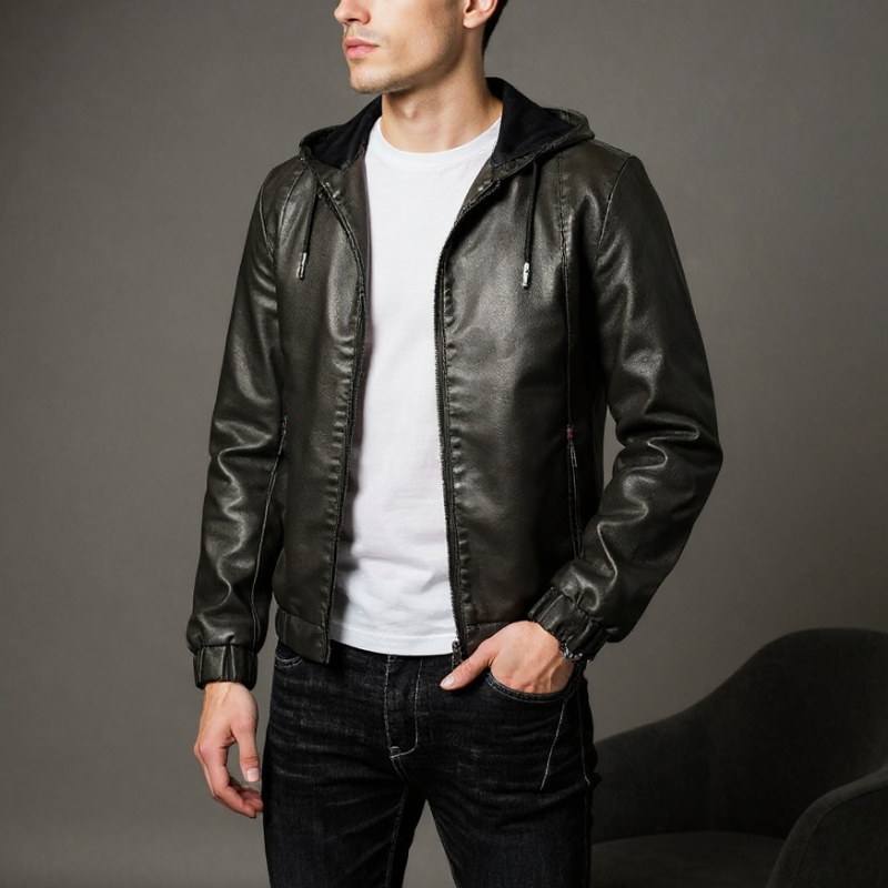 Rodrigo Men’s Leather Jacket – Hooded Zip-Up Casual Jacket