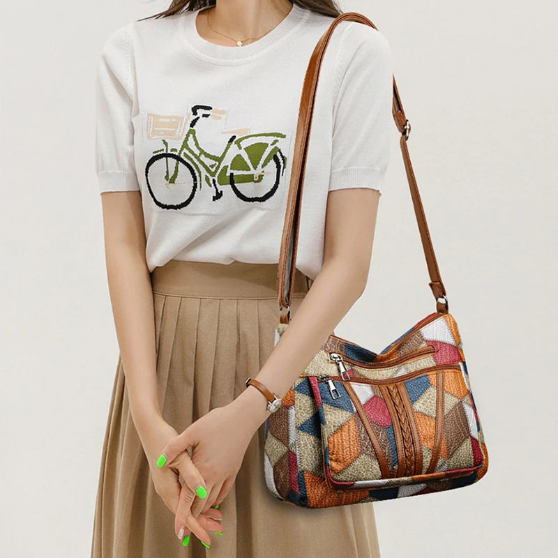 Sahara Women's Crossbody Bag – Geometric Patchwork Vegan Leather Satchel