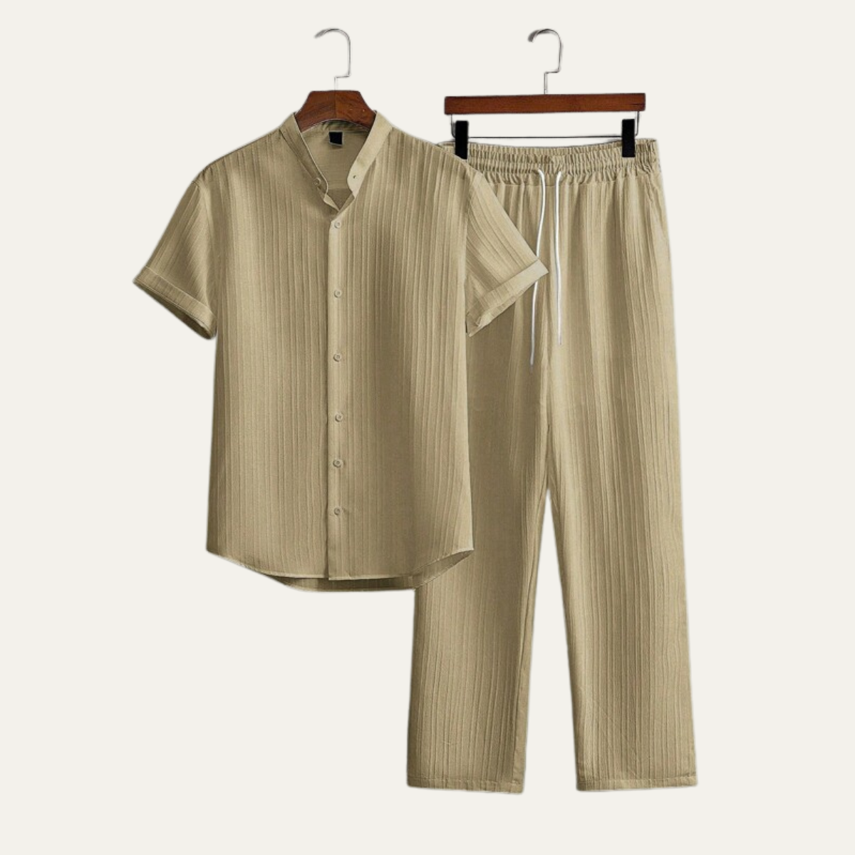Joshua Textured Linen Set – Vertical Ribbed Relaxed Summer Two-Piece Outfit