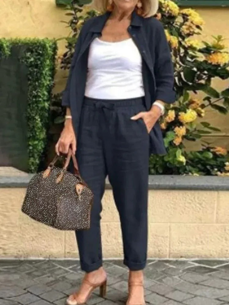Hira Women’s Linen Set – Long Sleeve Button Shirt & Drawstring Pants