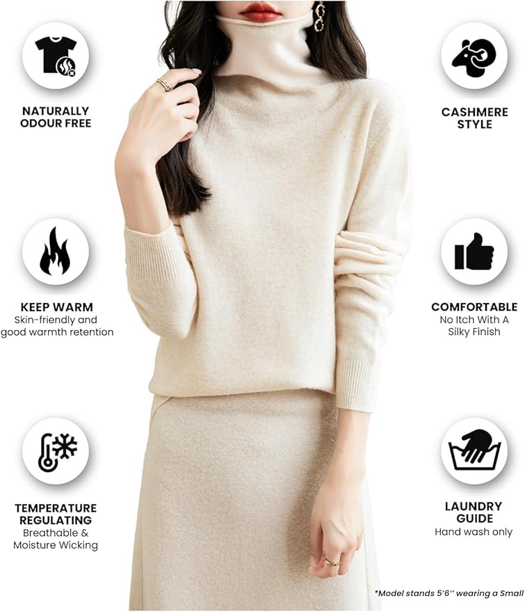 Elara Women’s Turtleneck Sweater – Merino Wool Seamless Knit Jumper